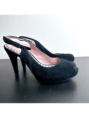 Libby Edelman Black Suede Slingback Peep Toe Heel 3.5 Inch Size 8.5